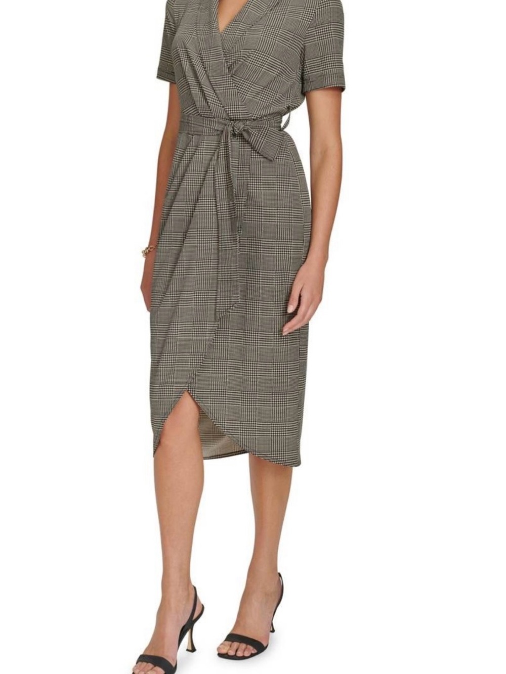 Calvin Klein Taupe and Black Plaid faux Wrap Midi Dress